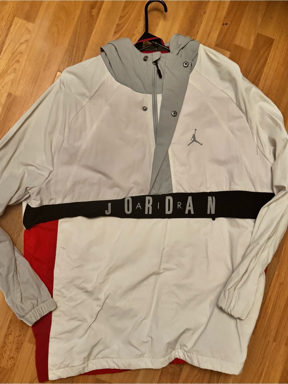 Jordan Men’s Hooded Windbreaker Jacket - Light Gray, Black & Red